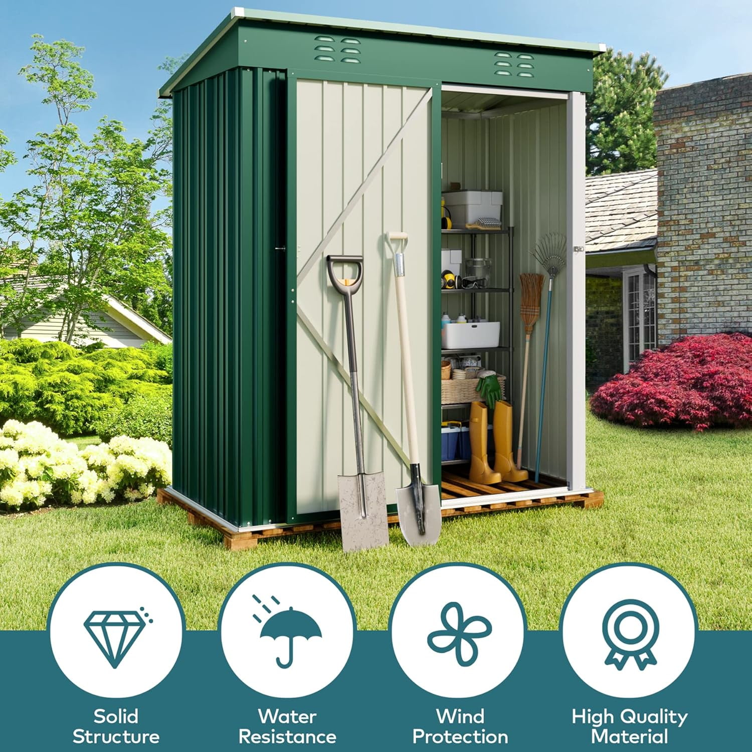 5'x3' Outdoor Storage Shed, Lofka Metal Tool Shed with Lockable Security, Compact Space Saver for Garden Tools & Patio, Green