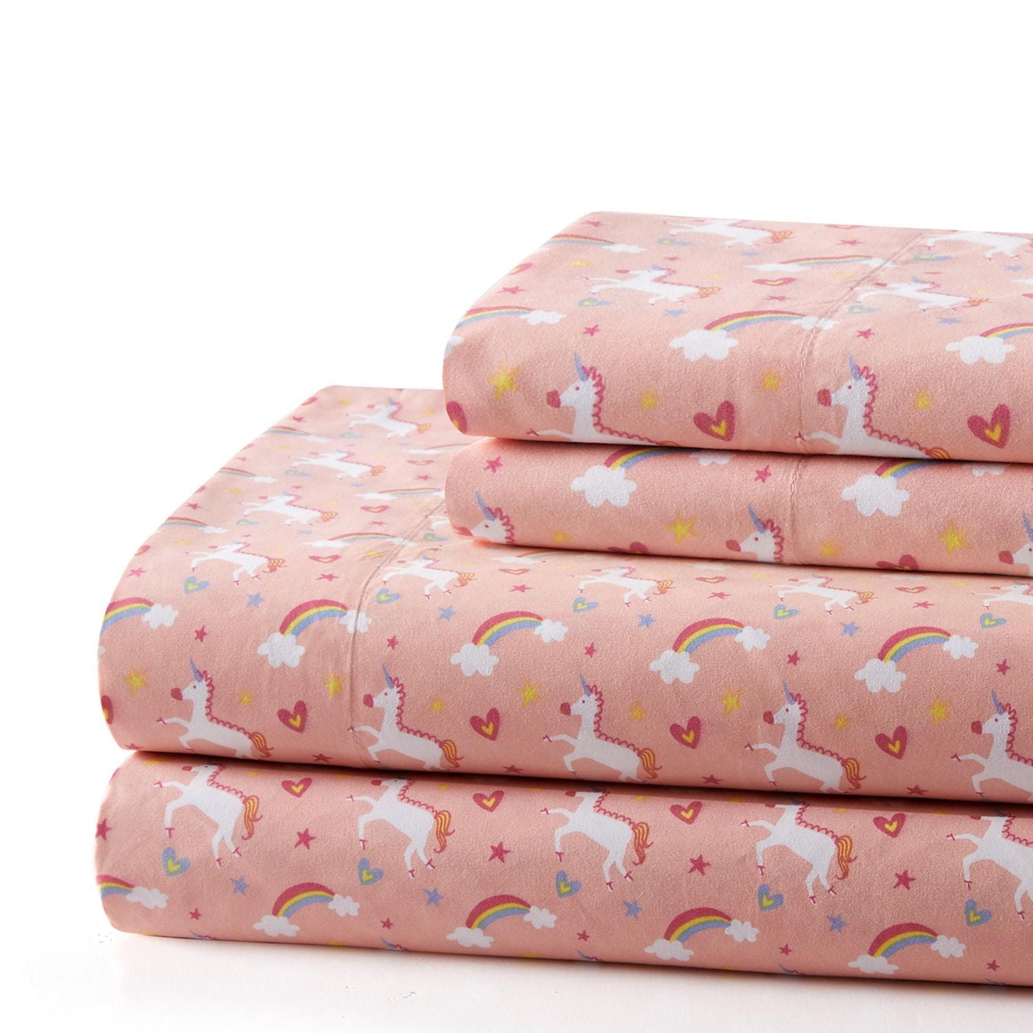Marina Decoration Kids Girls Toddlers Cute Printed 600 Thread Count Soft Deep Pocket Cotton Blend Percale All Season Bedding Sheet Set, Pink Unicorn Rainbow Pattern