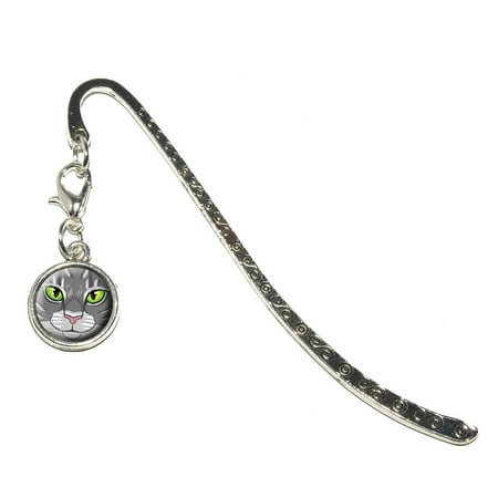 Gray Tabby Cats - Grey Gray Tabby Cat Face - Pet Kitty Metal Bookmark with Charm