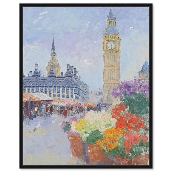 London Flower Market Canvas Monet Inspired Poster by Art Remedy, Black Frame, 16" x 20"