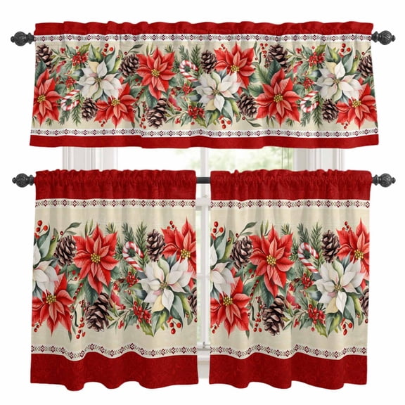 Christmas Poinsettia Kitchen Curtains Sets for Windows 36 Inch Length, Red Xmas Flowers Botanical Winter Rod Pocket Window Treatments Tier Curtains and Valances Set for Bedroom/Bathroom
