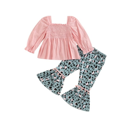 

Bagilaanoe 2pcs Toddler Baby Girl Long Pants Set Long Sleeve Smocked T-Shirt Tops + Leopard Flare Trousers 12M 18M 24M 3T 4T 5T Kids Casual Fall Outfits