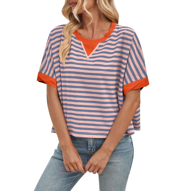 T-shirt Décontracté à Manches Chauve-Souris Rayées pour Femmes Col Rond Doux Haut d'Été pour la Maison Extérieur avec Jeans
