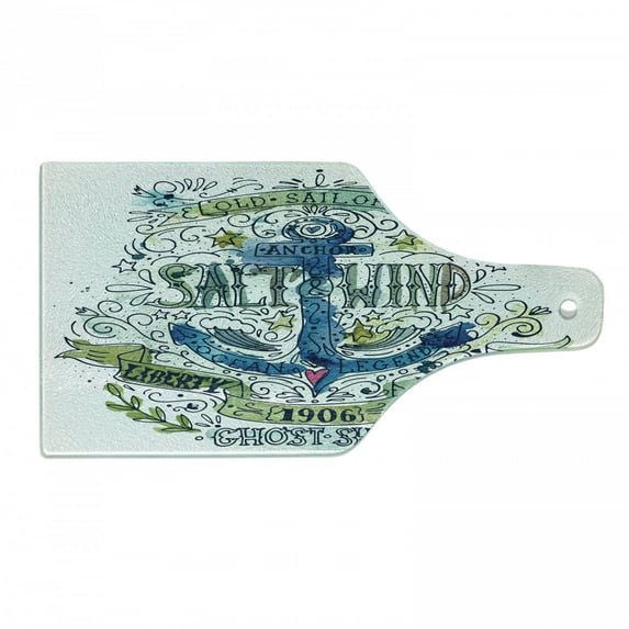 Marine Cutting Board, Anchor Salt and Wind 1906 Liberty Amity Stormy Ocean Ghost Ship Old Sailor, Decorative Tempered Glass Cutting and Serving Board, Wine Bottle Shape, Multicolor, by Ambesonne