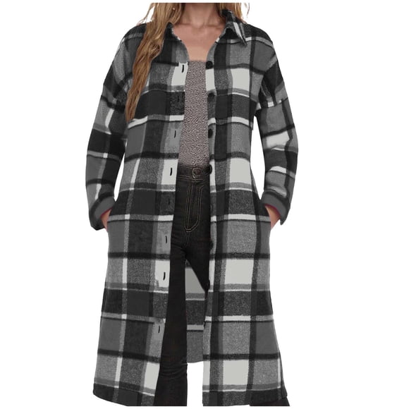 Dvprdro Womens Flannel Plaid Jacket Trendy Fall Winter Lapel Button Up Long Shacket Coats Casual Comfy Long Sleeve Shirts Outwear
