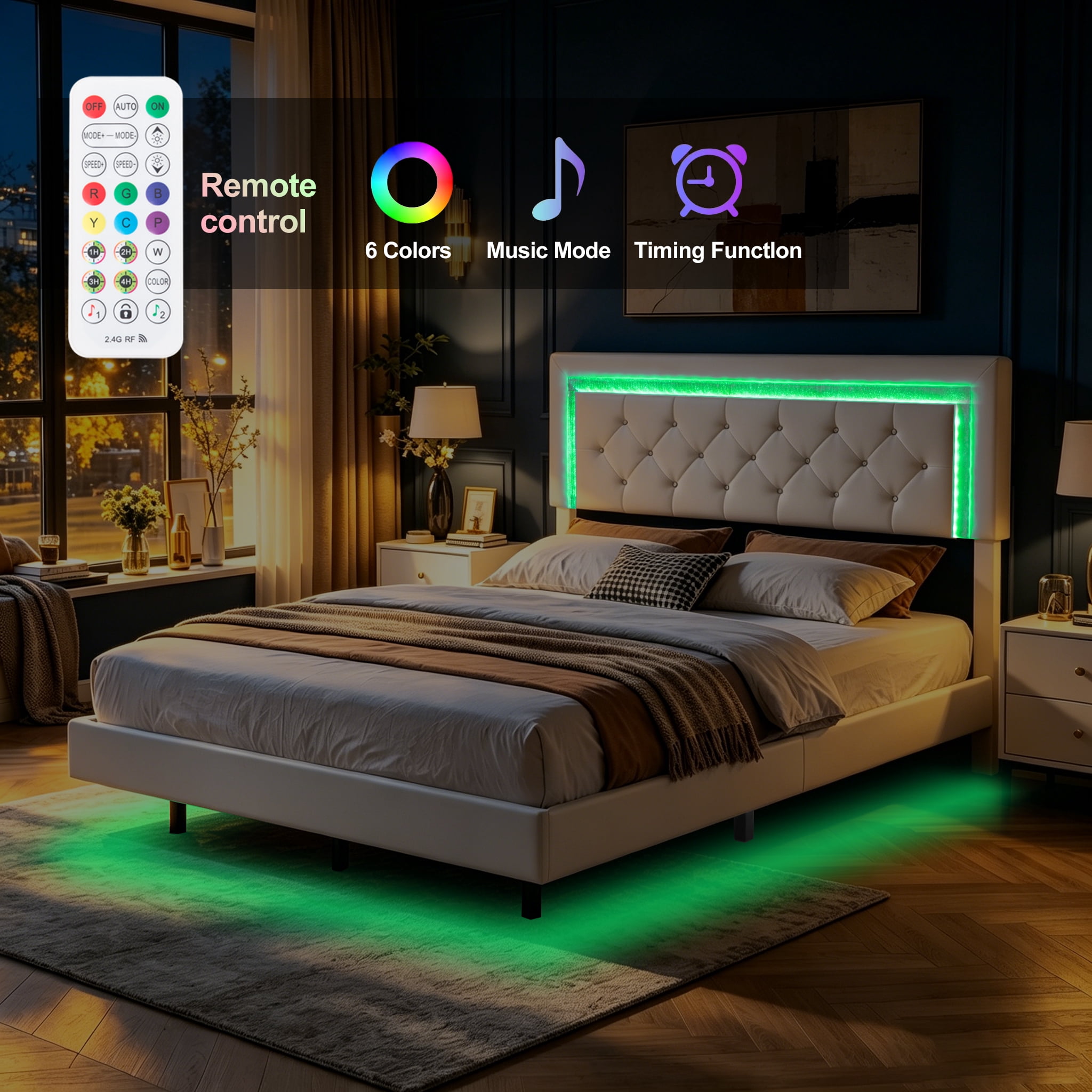 Gewnee Queen Size PU Upholstered Platform Bed Frame,Adjustable Headboard with Wireless Remote to Customize Color and Brightness,Wood Slat Support,No Box Spring Required for Bedroom,White
