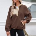 thumbnail image 6 of BiZtdJrK Polar Fleece Sweatshirts for Women Casual Button V Neck Pullover Fashion Colorblock Long Sleeve Tops Fall Winter Clothes Sales Prime Brown L, 6 of 8