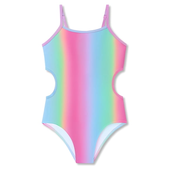 Serdomi Girls One Piece Rainbow Gradient Side Cut-out Swimsuits Big Kid Bathing Suit with Adjustable Straps Size 6X/7