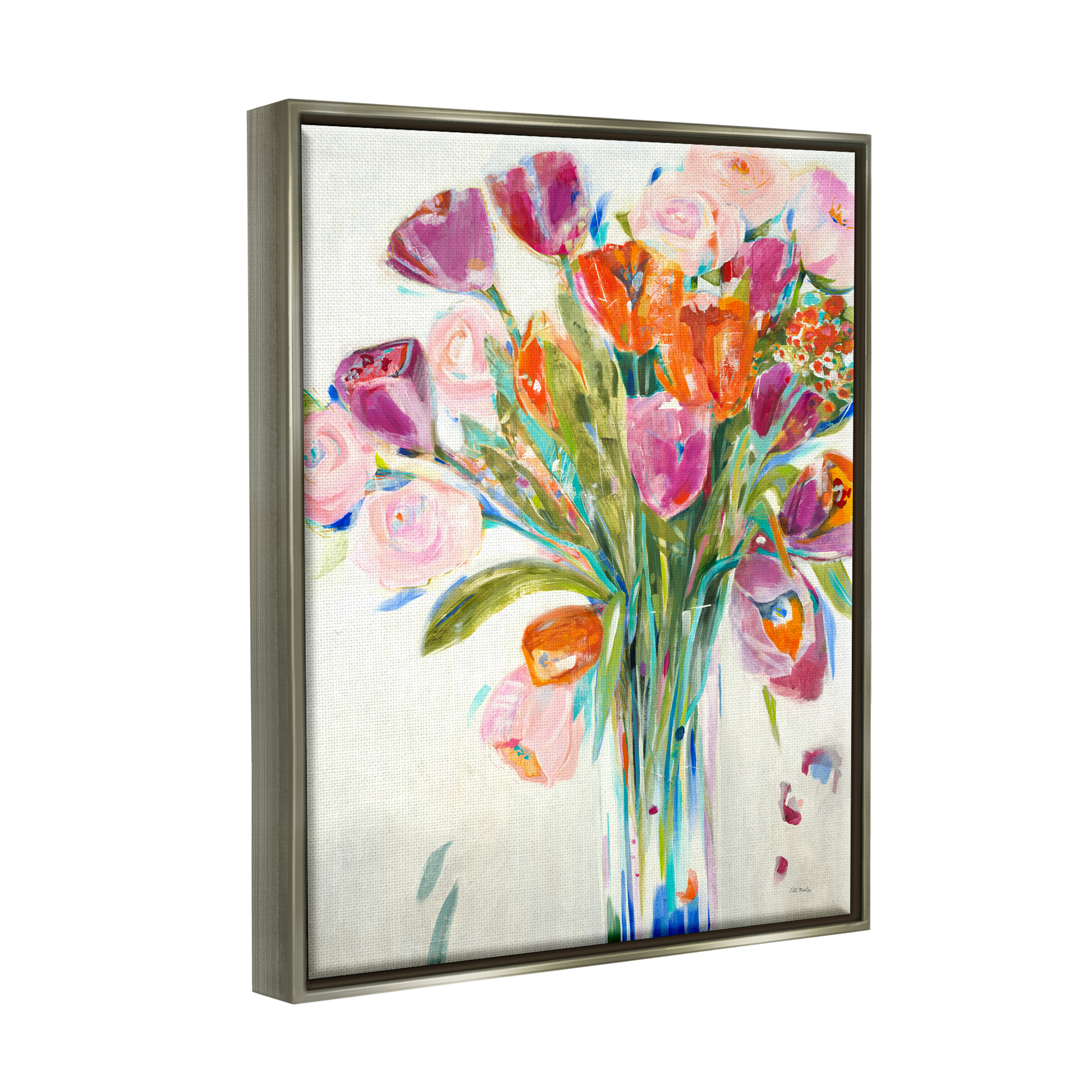 Stupell Industries Rose and Tulip Bouquet Spring Flower Expression Luster Gray Framed Floating Canvas Wall Art, 16x20, by Third and Wall