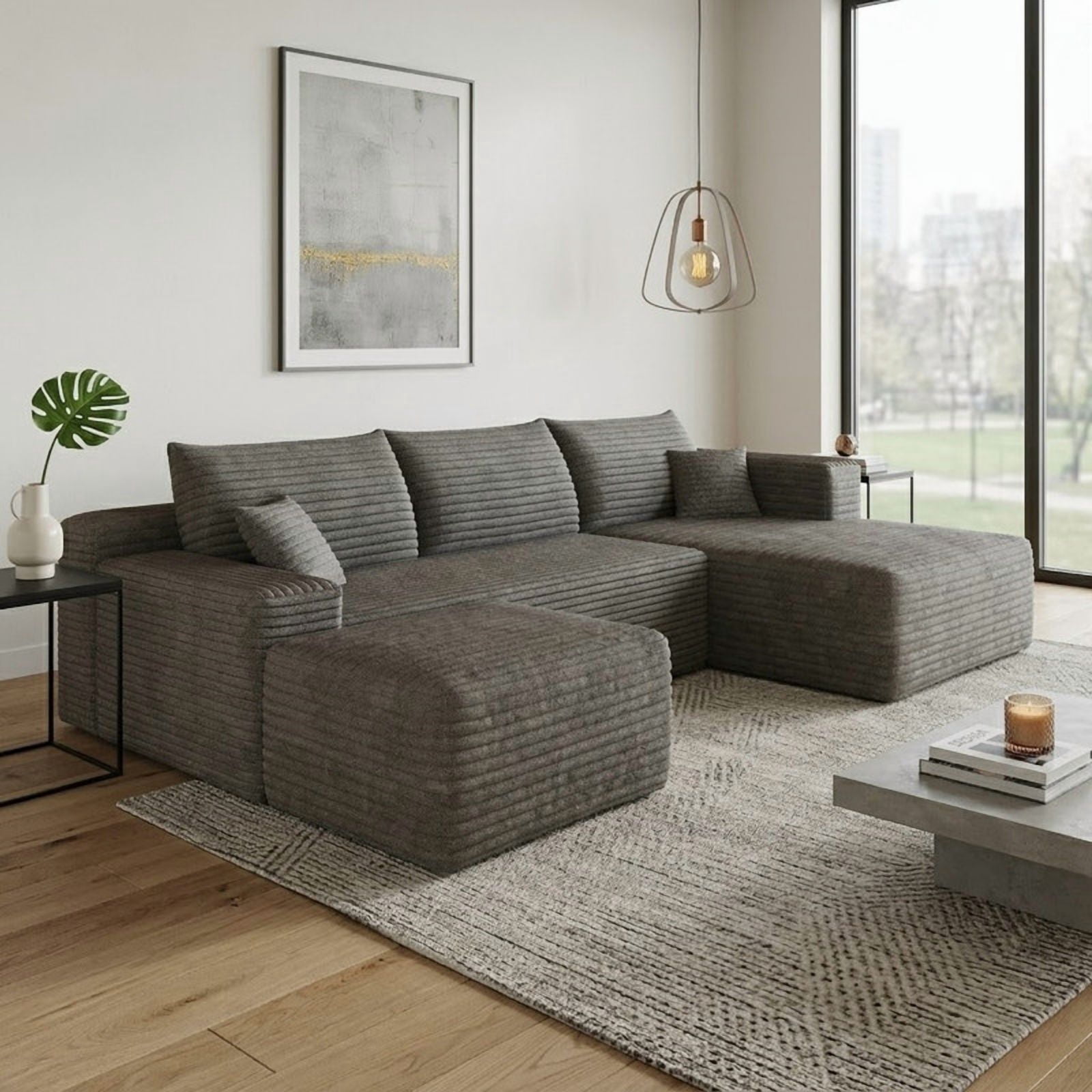 103" U Shaped Cloud Sectional Sofa with Ottoman, Modern Modular Corduroy Fabric Couch with Deep Seat and Chaise, Minimalist Upholstered Corner Sofa for Living Room, Apartment, No Assembly Required