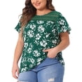 thumbnail image 4 of Blusa de mujer de talla grande Agnes Orinda con estampado floral, cuello redondo, encaje, mangas cortas acampanadas y abertura en la espalda 4X verde, 4 of 5