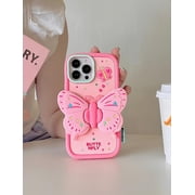 Pink Butterfly Phone Case Compatible with iPhone 11, Cute 3D Korea Dopamine Butterfly Case with Butterfly Wings Folding Stand Shockproof Silicone Soft Case