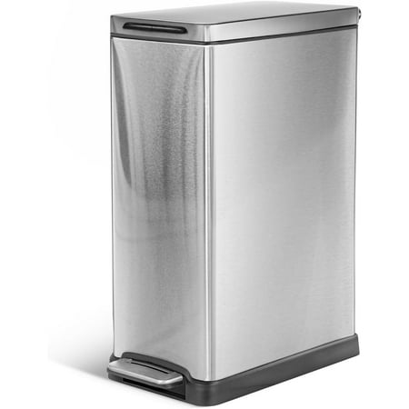 Home Zone Living 12 Gallon Slim Stainless Steel Kitchen Trash Can with Step Pedal and Soft Close Lid Silver