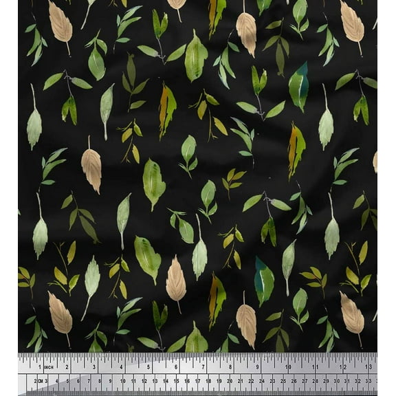 Soimoi Black Cotton Duck Fabric Flower Leaves Print Fabric by Yard 44 Inch Wide