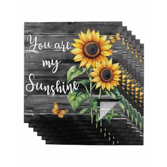 nqOlkjepod Yellow Sunflower Cloth Napkins Set of 6 Reusable Dinner Napkins, Butterfly Sunshine Black Farmhouse Wood Cocktail Napkin Washable Table Napkins for Wedding/Party/Baby Shower 20"x20"