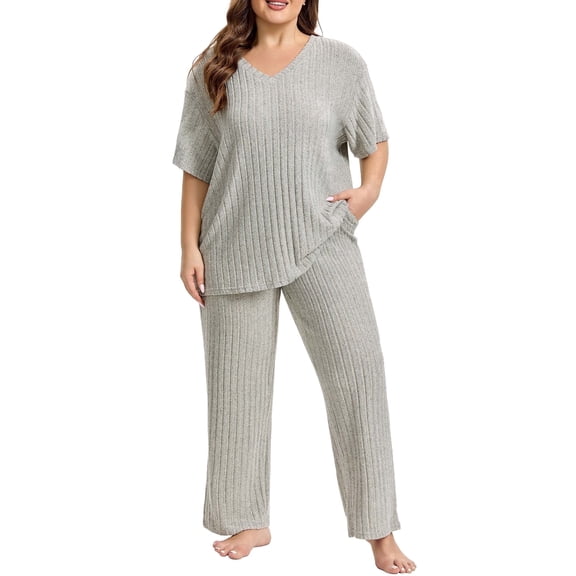 Homlouue Lounge Sets for Women Plus Size,2 Piece V-Neck Short Sleeve with Long Pants Pajama Sets,Comfortable Ribbed Loungewear for Home or Outdoor(3XL,Gray)