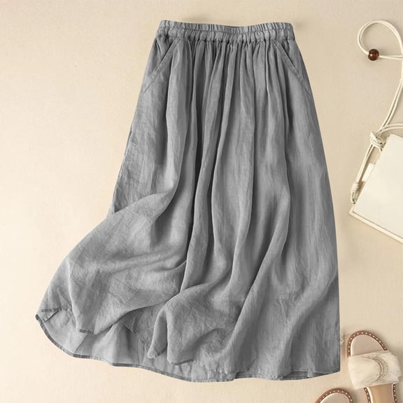 ClodeEU Women's Linen Blend Elastic Waist A Line Midi Skirt , Solid Color Casual Loose Cozy Skirt Gray,Womens Plus XXL