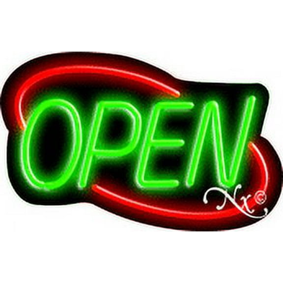 Deco Style Green Open With Red Border LED Neon Sign 14" Tall x 22" Wide, Black Square Cut Acrylic Backing, with Dimmer - Bright and Premium built indoor LED Neon Sign for storefront.