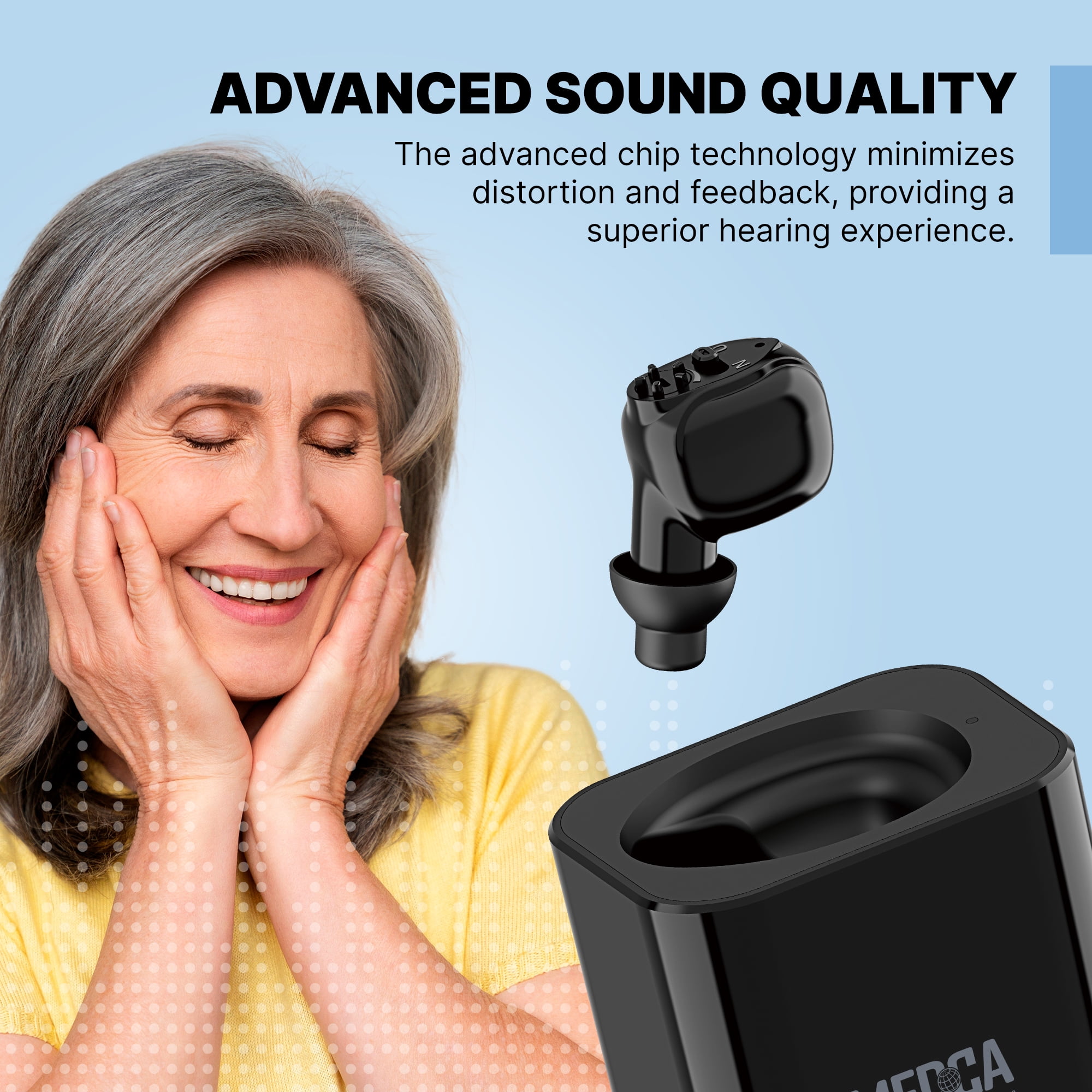 MEDca Digital Hearing Aid Rechargeable - HD Sound Hearing Amplifier for Adults and Seniors w/Charging Base, Intelligent Noise Reduction - Single Hear Assist Unit for Either Right or Left Ear, Black
