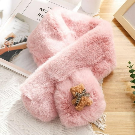 

Thicken Plush Shawl Bib Winter Warm Neckerchief Wrap Neck Warmer Solid Color Cross Scarf PINK BEAR