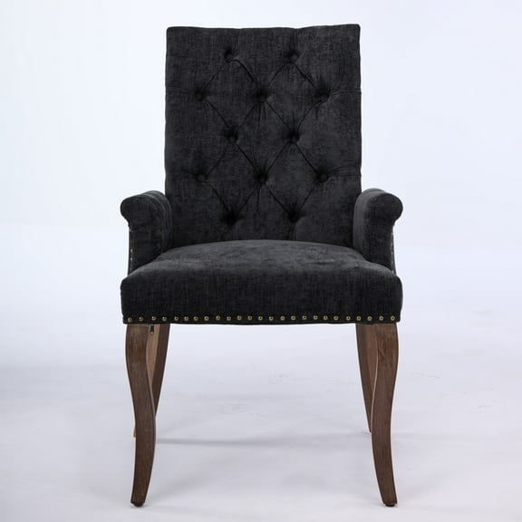 Elegant Black Chenille Dining Chair with Curved Solid Wood Legs - Tufted Club Armchair for Dining Room, Kitchen, Study - 27.2" W, 300lb Capacity, Rubberwood, Foam Filled