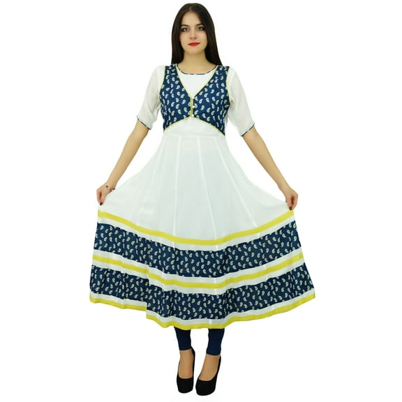 Bimba Women Long Flaired Kurti White Dress Kurta Party Wear Chic Clothing