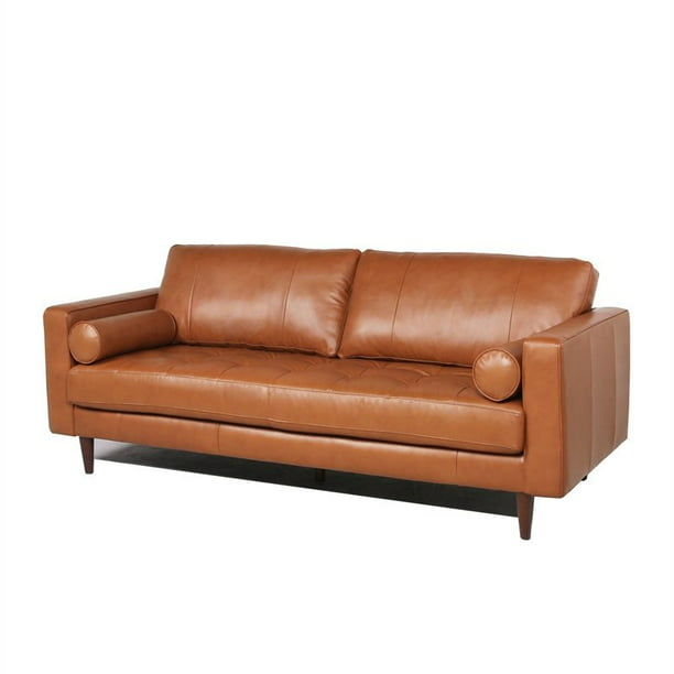 Maklaine Midcentury Modern Leather Sofa, Camel Coloured Leather Sofa