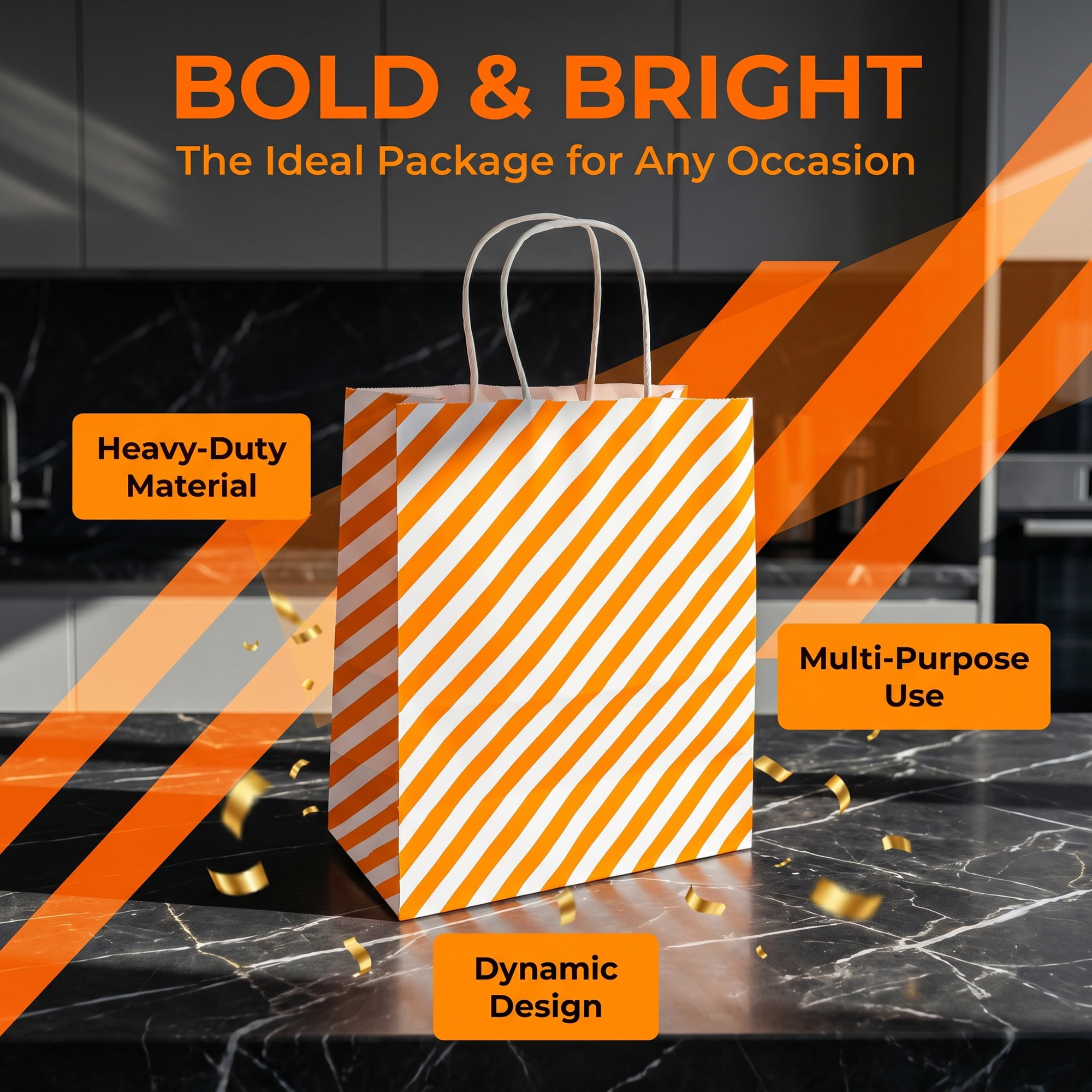 Unique Bargains 6Pcs Diagonal-stripe Gift Bag with Handles Orange 8.7" x 4.3" x 10.6"