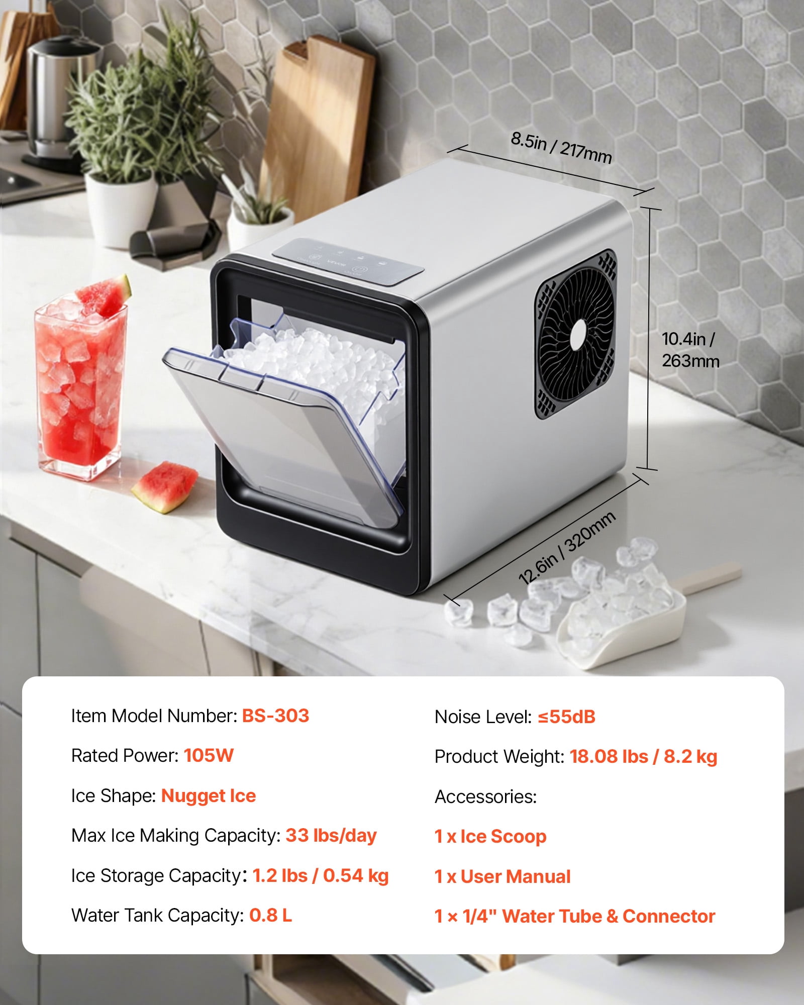 VEVOR Countertop Ice Maker, 33 lbs per Day, Self-Cleaning Portable Machine with Scoop, Drawer-Style Ice Access, Nugget Ice-Making Machine with Chewable Ices for Home, Kitchen, Office, Bar & Party