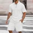 thumbnail image 2 of Men's 2 Piece Casual Outfits, Short Sleeve Shirt and Drawstring Waist Shorts Set Summer Vacation Textured Sets with Pockets Linen Pant Sets Women 2 Piece Outfits White 3XL, 2 of 5