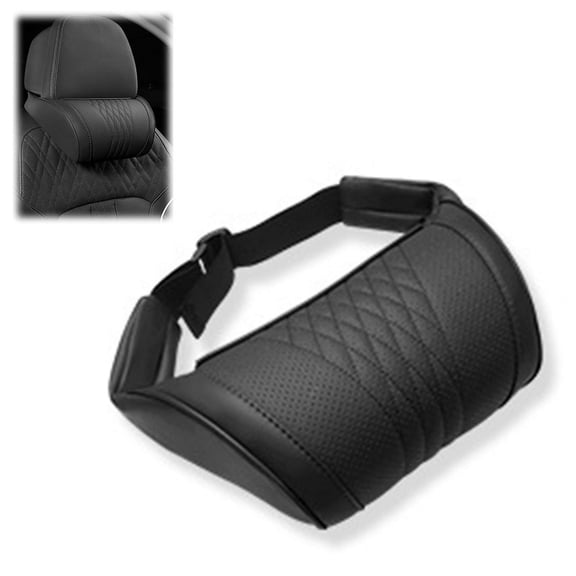 Black Nappa Leather Car Headrest Pillow, High‑Density Slow‑Rebound Memory Foam Neck Support Cushion With Adjustable Strap for Long‑Time Driving, 9.45"x 5.12" x 2.76"