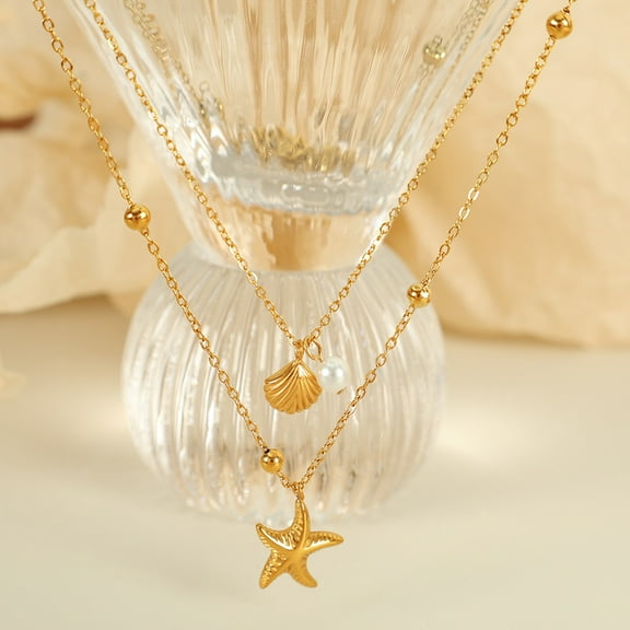 PISONIC Elegant Double-layered Starfish Shells Pearl Pendant Necklace, 18K Gold Plated Chain Necklace Jewelry For Women