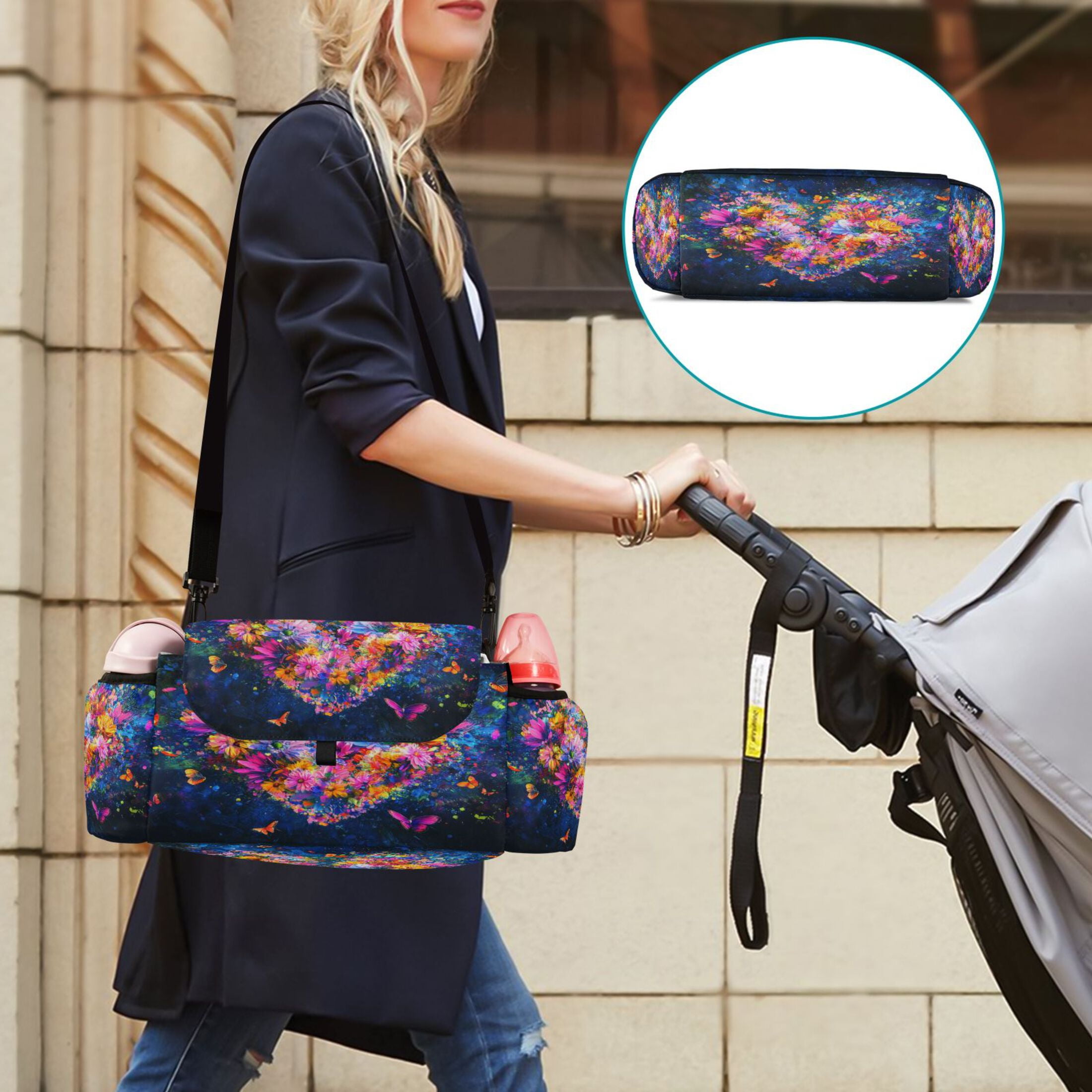 DIXRUYEE Stroller Organizer Heartfelt Blooms Printed