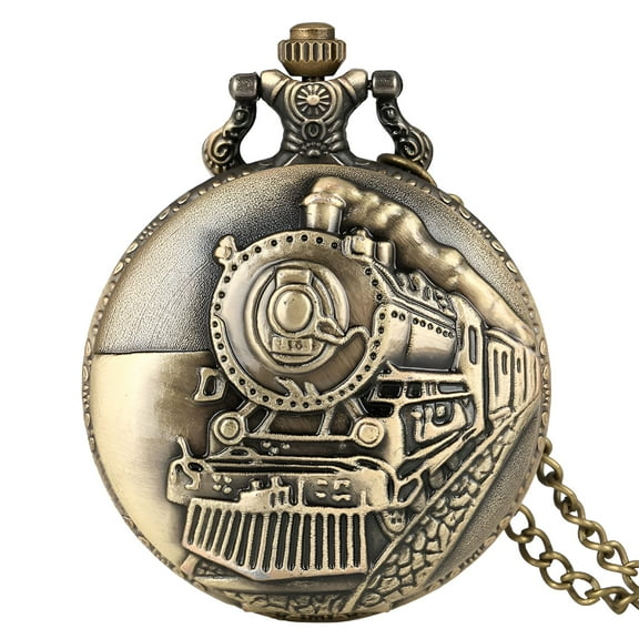 DESIGNICE Retro Bronze Train Locomotive Steampunk Quartz Pocket Watch Women Men Necklace Pendant with Chain Birthday Gift