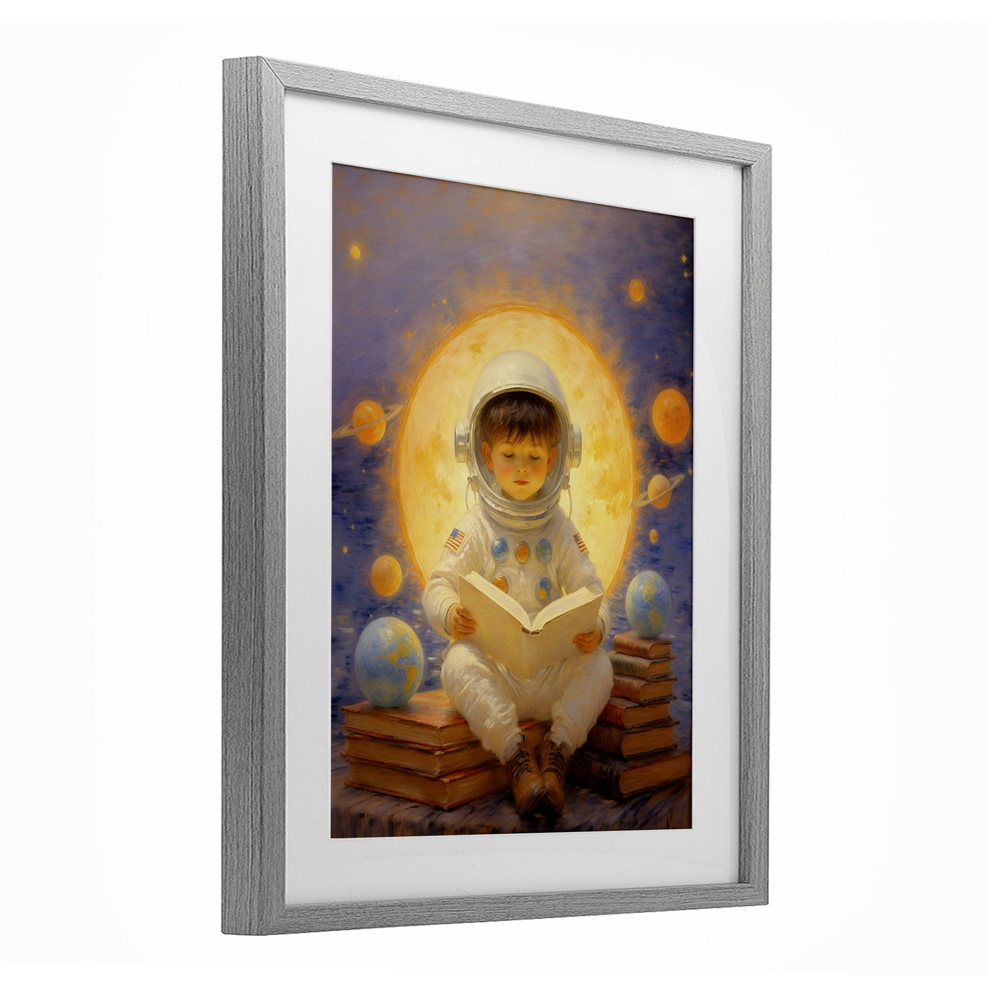 Astronaut Child Learning Gray Framed Print Under Glass, design by Angie Hawke