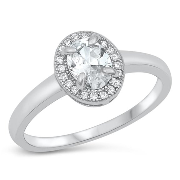 Oval Clear Cubic Zirconia Halo Engagement Ring .925 Sterling Silver Band White Jewelry Female Size 6