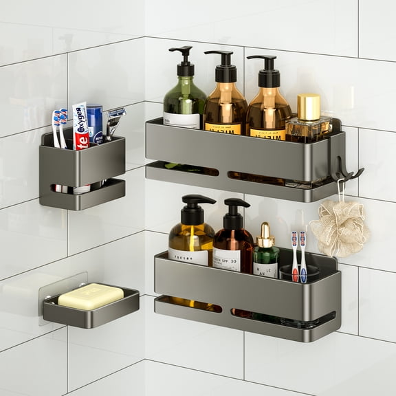YESENT Bathroom Shower caddy (5-piece set Storage Rack ), wall-mounted shelf with soap dish and toothbrush holder, no drilling required, ideal for bathroom storage and also suitable for kitchen