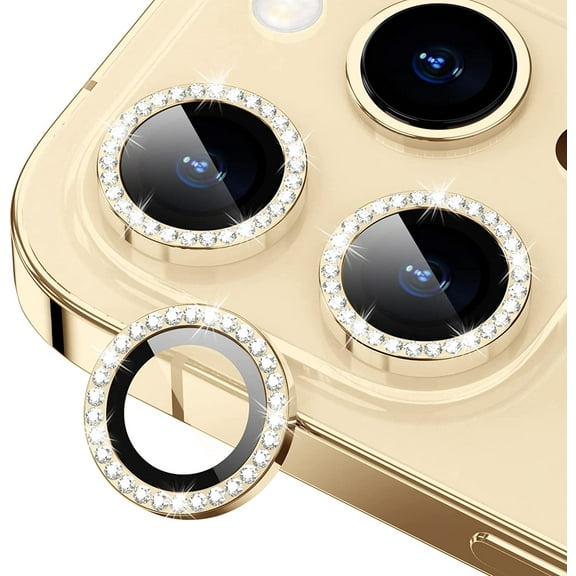 for iPhone 14 Pro/iPhone 14 Pro Max Camera Lens Protector Bling, 9H Hardness Scratchproof Metal Individual Diamond Ring Protector, Stylish Accessories, Case Friendly (Gold Diamond)
