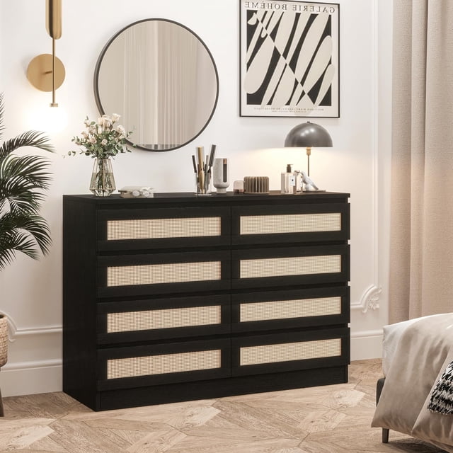 Nouvelle Commode en Rotin 2024 pour Chambre, Commode Moderne en Bois à 8 Tiroirs, Grand Table de Chevet en Bois pour Garde-Robe, Chambre de Bébé, Salon et Entrée