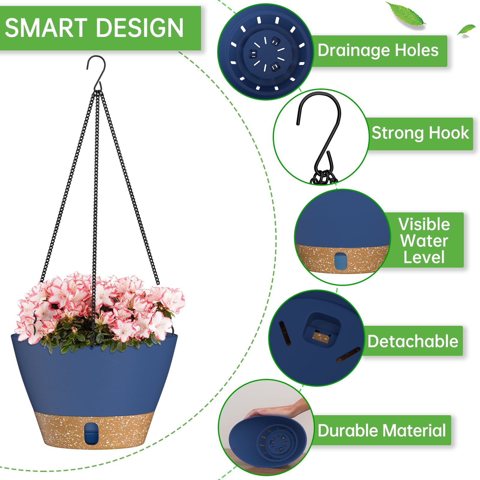 FIASON 2 Pack 10 Inch Blue Self Watering Hanging Planters, Indoor Outdoor Plastic Flower Pots with Visual Water Level Window, Drainage Holes & Chain Hanger for Home Garden Decor