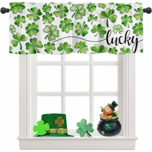 Cantonnière de la Saint-Patrick pour Fenêtres Rideaux Trèfle Porte-Bonheur Cantonnières Vert Trèfle Poche de Tringle Cantonnière Traitements de Fenêtre Vacances de Printemps Rideaux Courts pour Cuisine Salon Chambre Salle de Bain 54x18