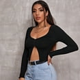 thumbnail image 4 of Women's V Neck Long Sleeve Button Front Ribbed Knit Crop T-Shirt Tee, 4 of 5