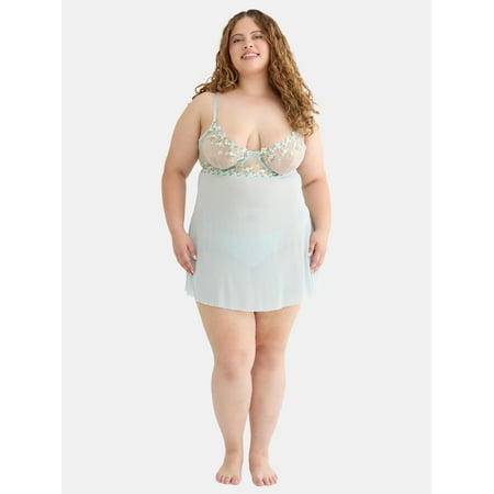 Just Sexy Lingerie Womens and Womens Plus Embroidered Babydoll with Mesh G-String  Sizes S-3X