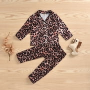 Kids 2PCS Pajama Set, Leopard Pattern Short/Long Sleeve Button-Down Collar Top Short/Long Elastic Pants Sleepwears