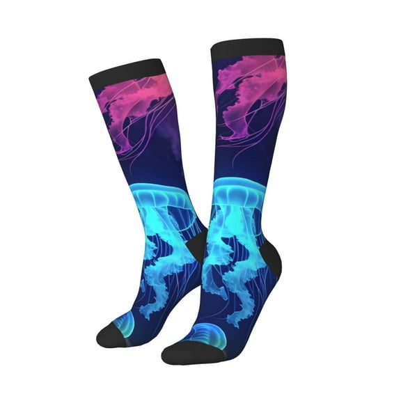 Knee High Socks for Women Men Athletic - Neon Jellyfish Pattern Thigh-High Black Sole Comfort Breathable Long Socks for Casual Travel Running