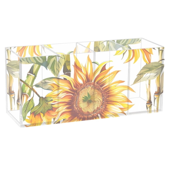 Sunflower and Bamboo Acrylic Pencil Pen Holder Cup 4 Compartments Desktop Organiser 7.87"x2.78"x3.54"