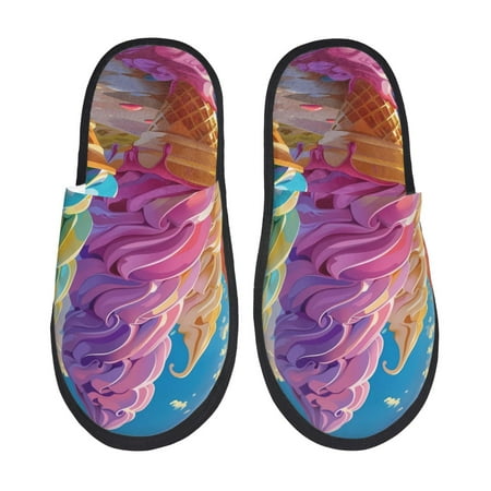 Balery Rainbow Melting Ice Cream Slient Indoor Furry Fleece Comfort House Shoes Soft Non-Slip Home Shoes Cotton slippers House Slippers-- Medium