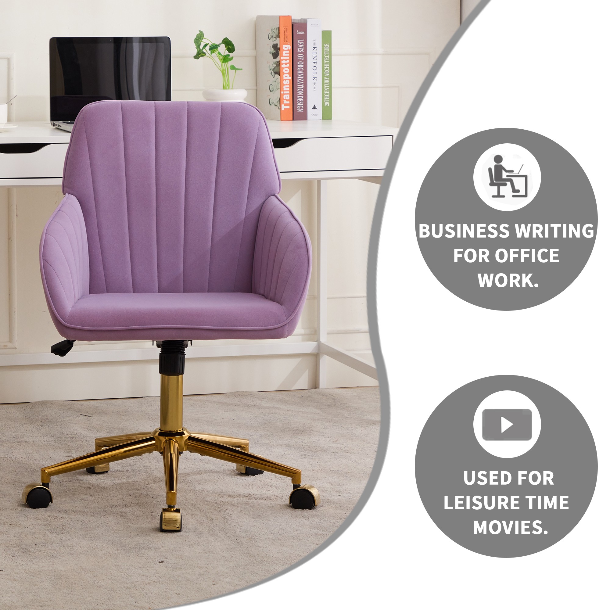 Modern Arm Chair,Adjustable Office Desk Chair with Wheels,Swivel Vanity Chair,Purple
