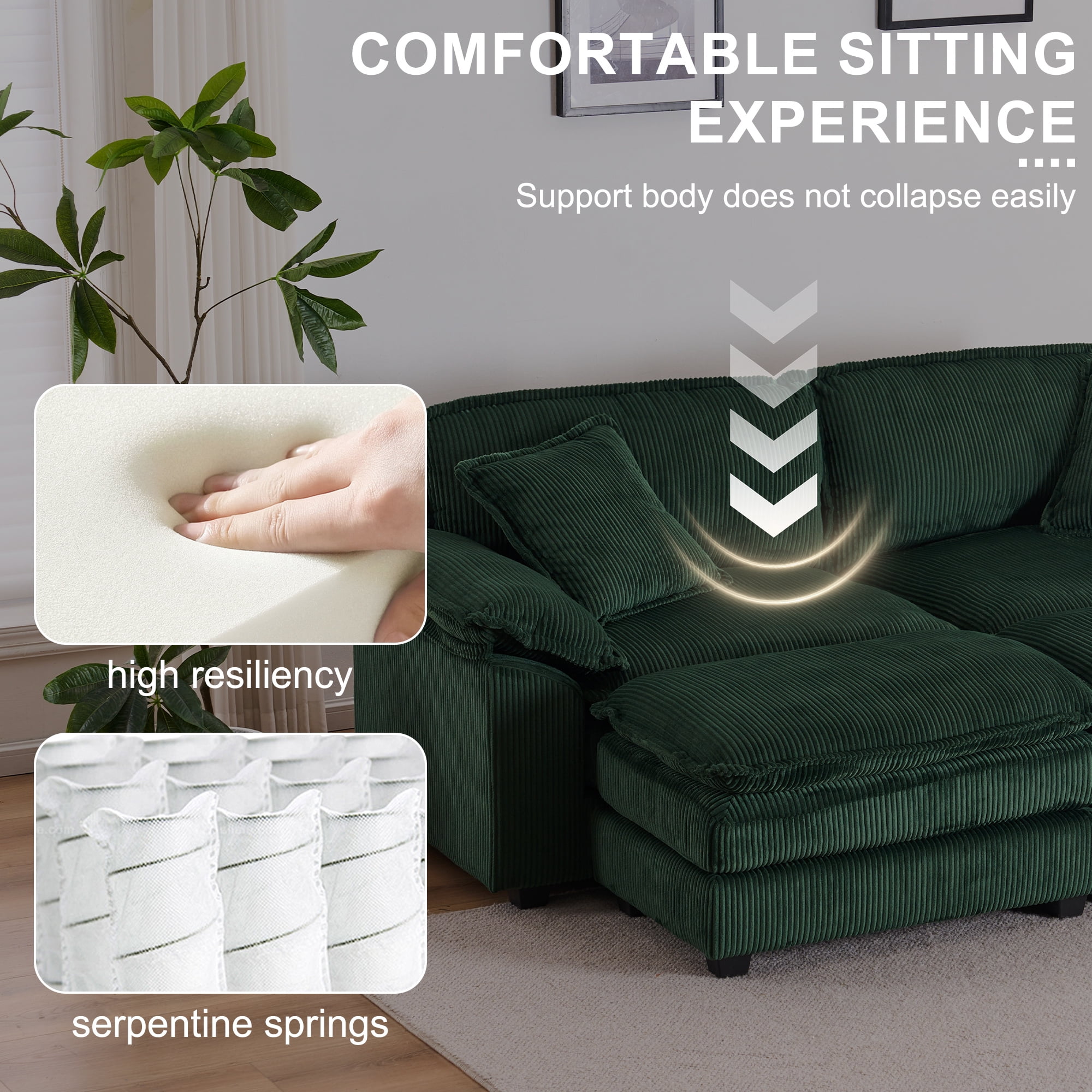 Aukfa Modular Sectional Couch Deep Seat Loveseat Sofa with 2 Ottoman for Living Room, 6 Pillows, Corduroy, Green