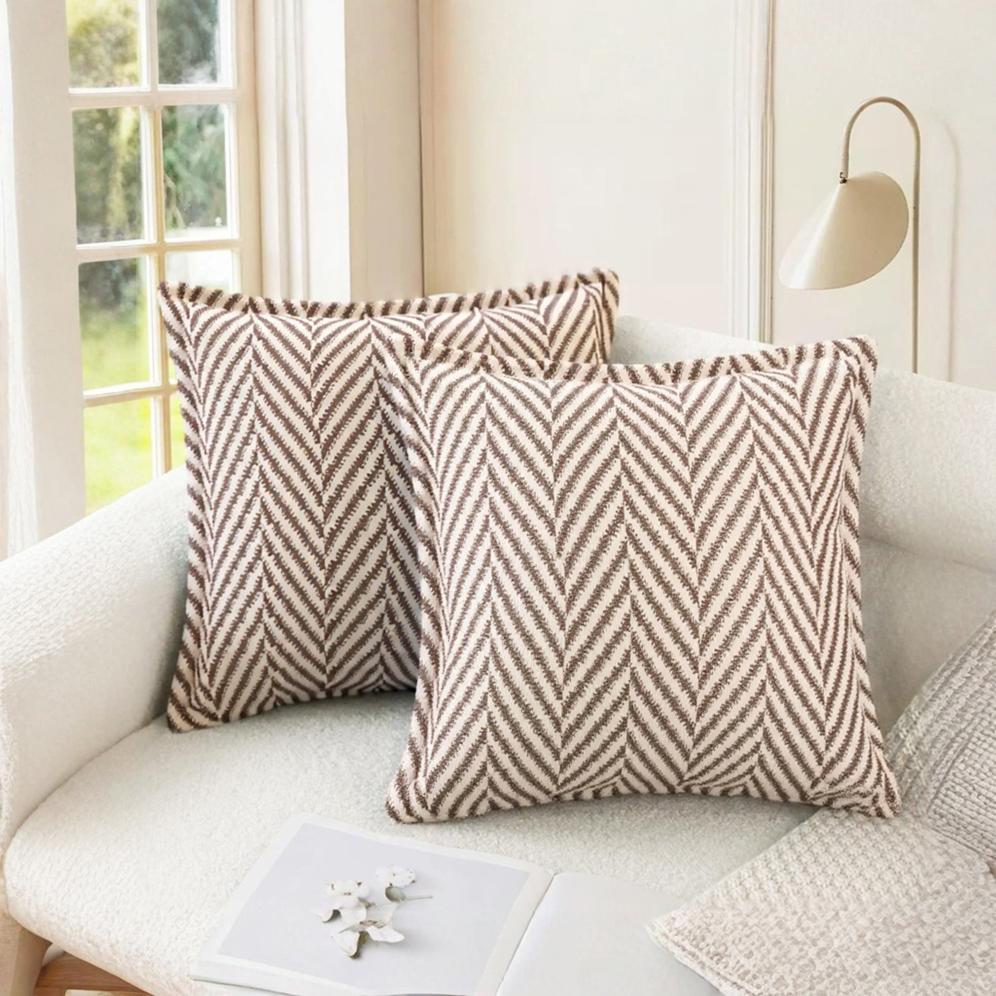 Unique Bargains Pack of 2 Chenille Soft Striped Modern Throw Pillow Covers White Brown